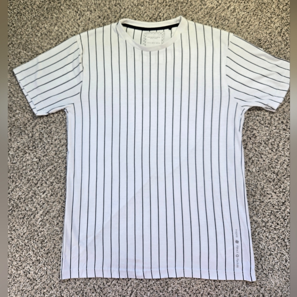 Denim & Flower White Tee with Black Pinstripes Mens Size Medium EUC